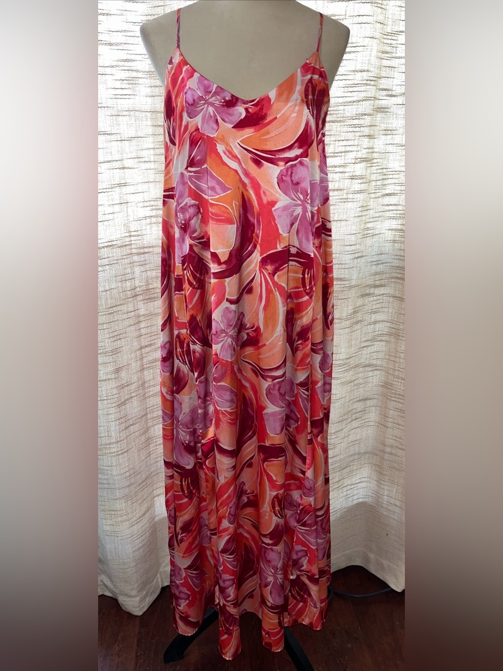 Leslie Fay Women Maxi Dress Tropical Coral Floral Polyester Sleveless Sz S